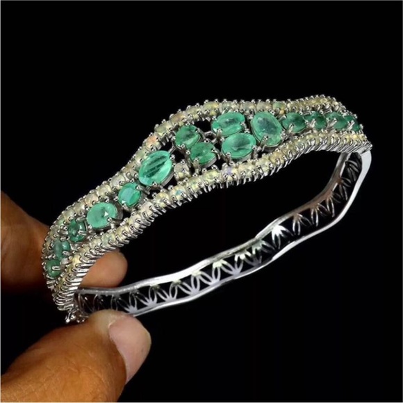 New Natural Green Emeralds fire opal cuff bracelet 14K gold on sterling silver - Picture 4 of 5